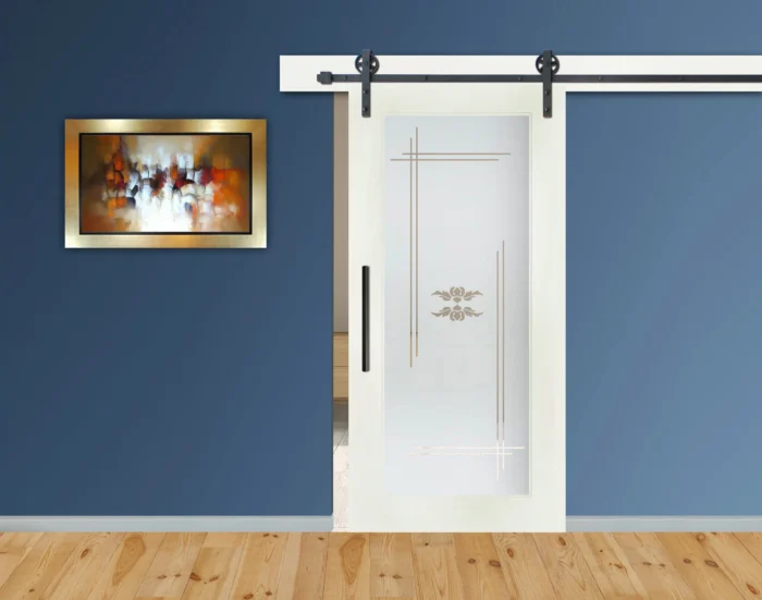 1 Lite Sliding Barn Door with Glass Insert + Frosted Design, 28"x81", Carbon Ste - Image 1