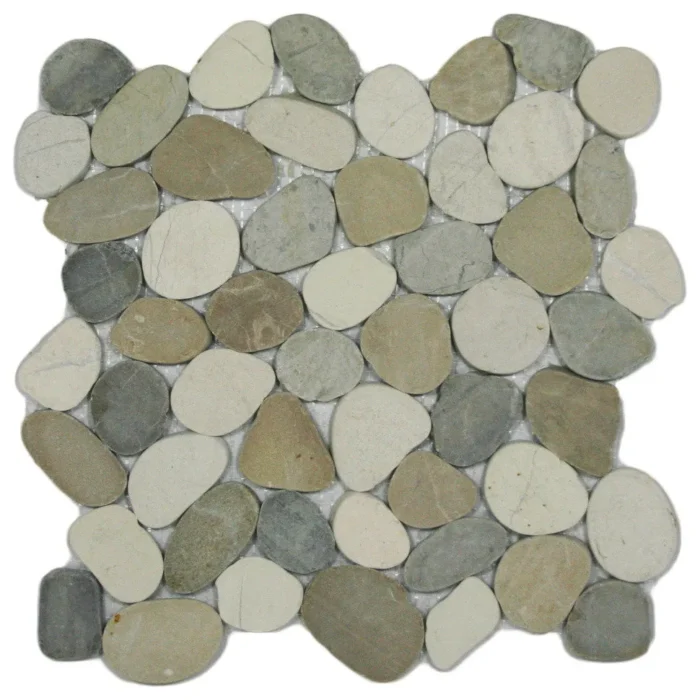 12x12 Hand-Sorted Mixed Pebble Tile - White, Tan, Grey - For Shower & Floor - Image 1