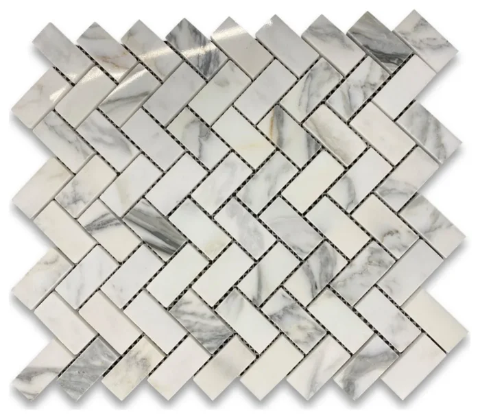 1x2 Herringbone Statuary Statuario White Marble Mosaic Tile Polished, 1 sheet - Image 1