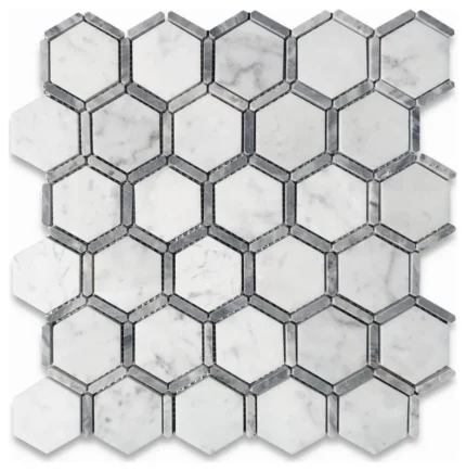2" Hexagon Carrara White Marble w/ Bardiglio Gray Strip Tile Polished, 1 sheet