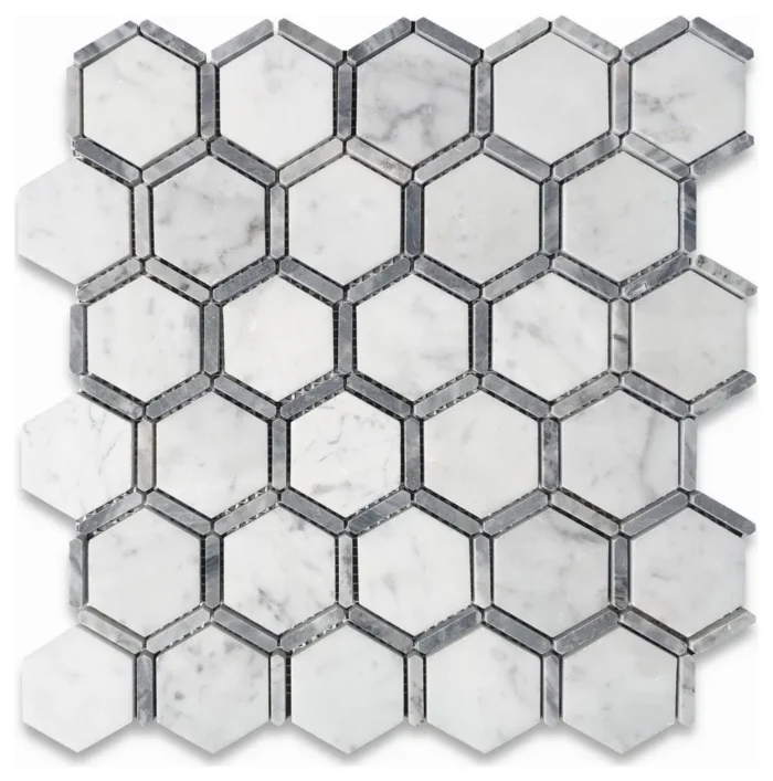 2" Hexagon Carrara White Marble w/ Bardiglio Gray Strip Tile Polished, 1 sheet - Image 1