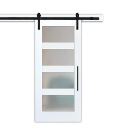 4 Lite Sliding Barn Door with Frosted, Clear, or Textured Glass Insert, 28"x81", Unfinished (Primed)