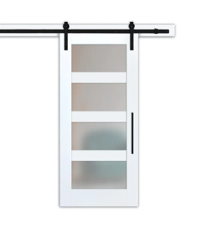 4 Lite Sliding Barn Door with Frosted, Clear, or Textured Glass Insert, 28"x81", Unfinished (Primed) - Image 1