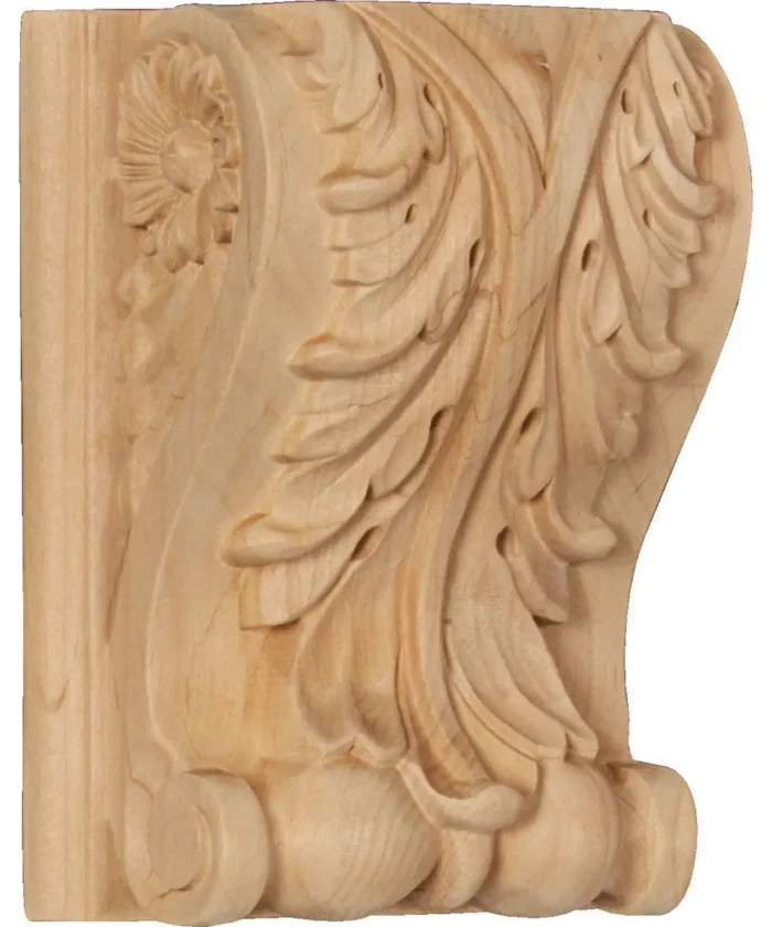 5"W x 3"D x 6 1/2"H Large Acanthus Block w/ Backplate Wood Corbel, Alder - Image 1