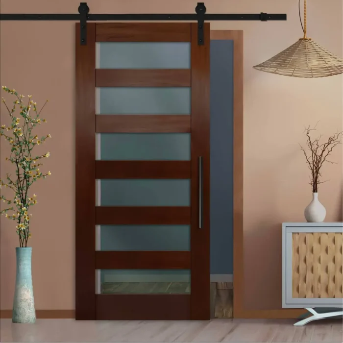 6 Lite Mahogany (Walnut Stain) Sliding Barn Door with Glass Insert, Clear Glass, - Image 1