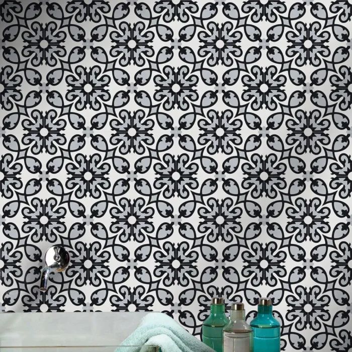8"x8" Agadir Handmade Cement Tile, Black/White/Gray Set of 12 - Image 1