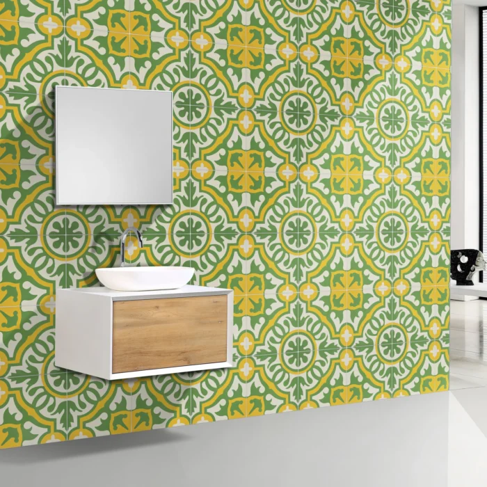 8"x8" Baha Handmade Cement Tile, Green/Yellow, Set of 12 - Image 1