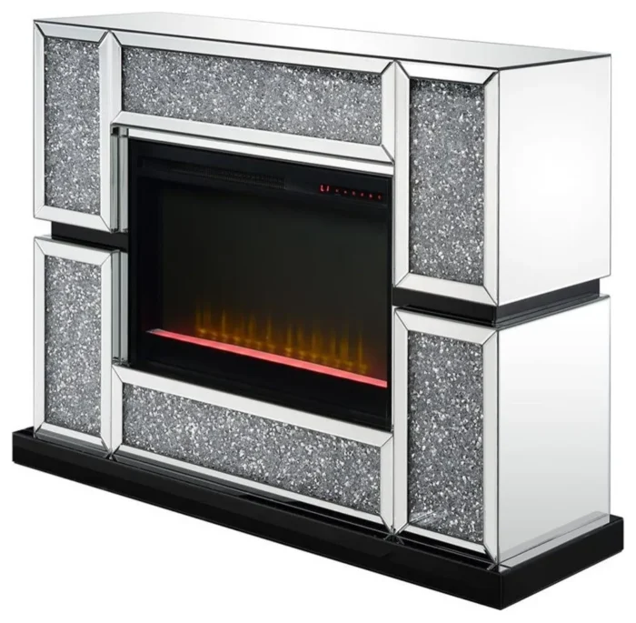 ACME Noralie Electric Fireplace with LED Light in Mirrored and Faux Diamonds - Image 1