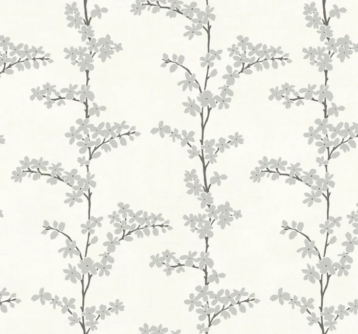 Appleton Blooming Branches Rotary Screen Wallpaper Bolt, Metallic Silver, White - Image 1
