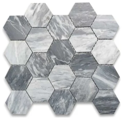 Bardiglio Gray Dark Grey Marble 3 inch Hexagon Mosaic Tile Honed, 1 sheet
