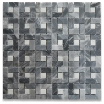 Bardiglio Gray Dark Grey Marble Pinwheel Mosaic Tile White Dots Polish, 1 sheet