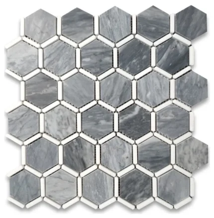 Bardiglio Gray Marble Hexagon Thassos White Strips Mosaic Tile Honed, 1 sheet