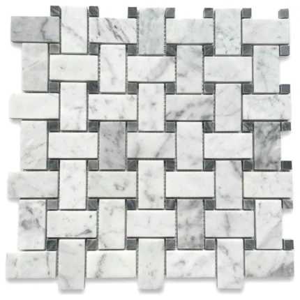 Basketweave Carrara White Marble Mosaic Tile Dark Grey Dots Polished, 1 sheet