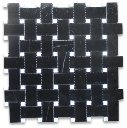 Basketweave Nero Marquina Black Mosaic Tile w/ White Marble Dots Honed, 1 sheet