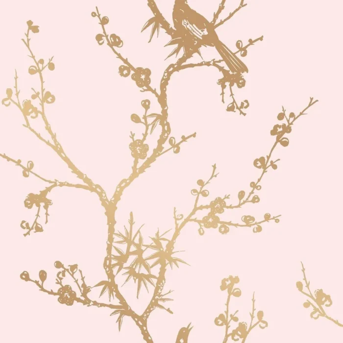 Bird Watching, Self-Adhesive Removable Wallpaper, Rose Pink and Gold, Sample - Image 1