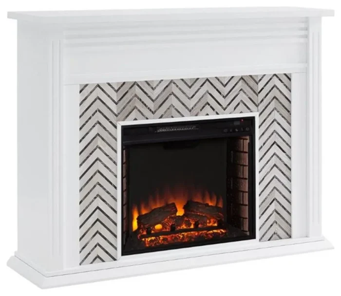 Bowery Hill Engineered Wood Tiled Marble Electric Fireplace in White - Image 1