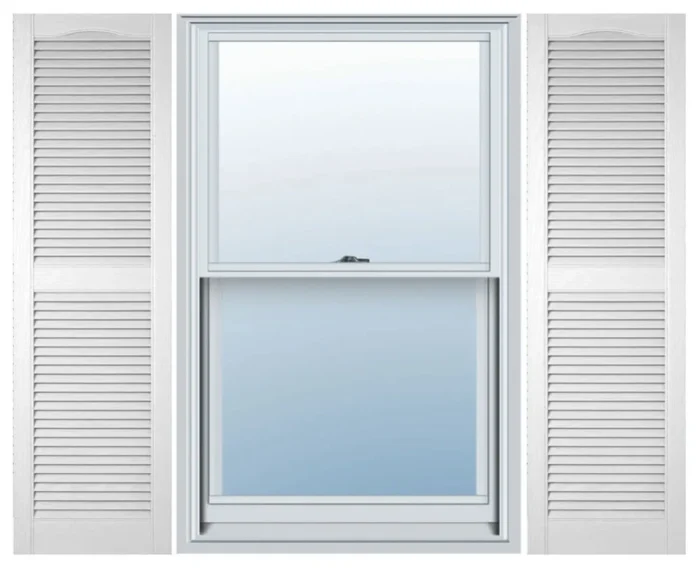 Builders Edge, Cathedral Top Center Mullion, Open Louver Shutters, Bright White - Image 1