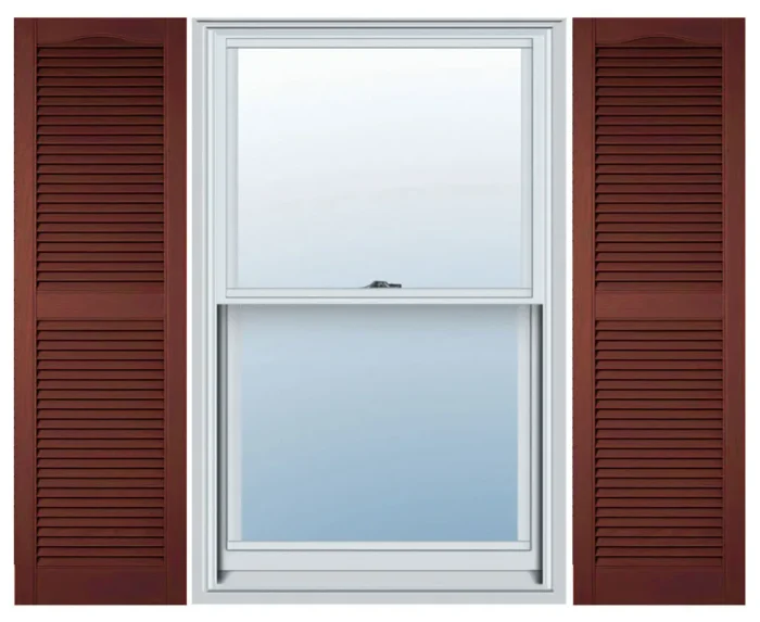 Builders Edge, Cathedral Top Center Mullion, Open Louver Shutters, Burgundy Red - Image 1