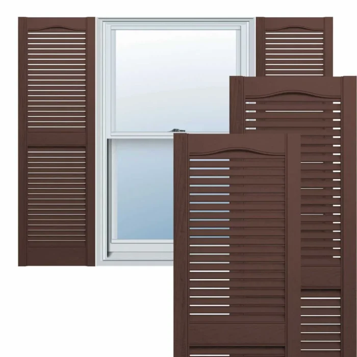 Builders Edge, Cathedral Top Center Mullion, Open Louver Shutters, Federal Brown - Image 1