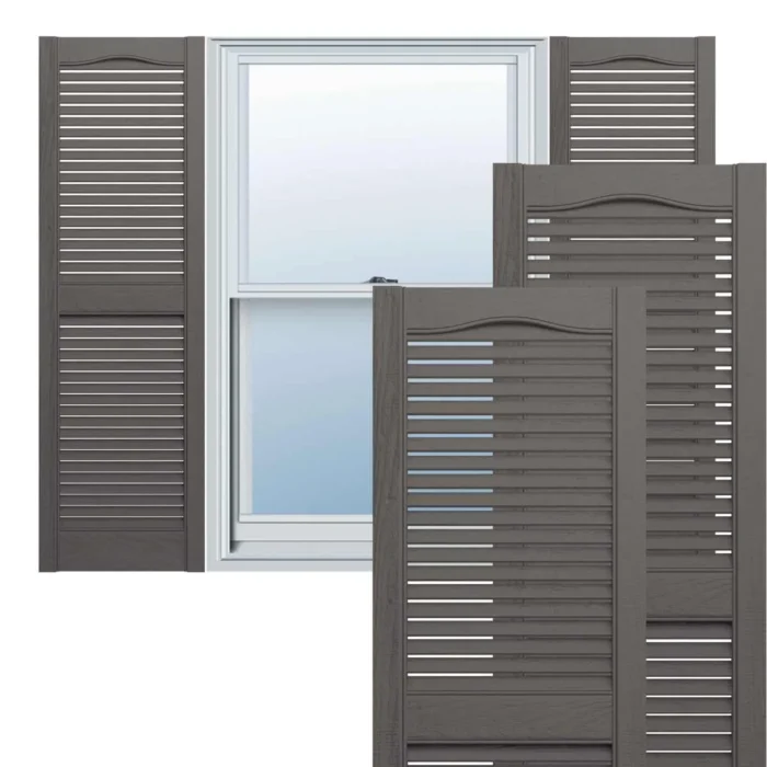 Builders Edge, Cathedral Top Center Mullion, Open Louver Shutters, Tuxedo Gray - Image 1