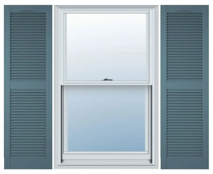 Builders Edge, Cathedral Top Center Mullion Open Louver Shutters, Wedgewood Blue - Image 1