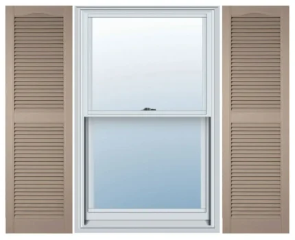 Builders Edge, Cathedral Top Center Mullion, Open Louver Shutters, Wicker