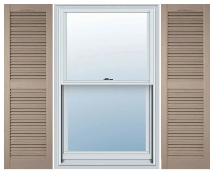 Builders Edge, Cathedral Top Center Mullion, Open Louver Shutters, Wicker - Image 1