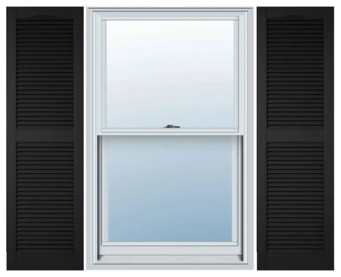 Builders Edge, Custom, Cathedral Top Center Mullion, Open Louver Shutters, Black - Image 1