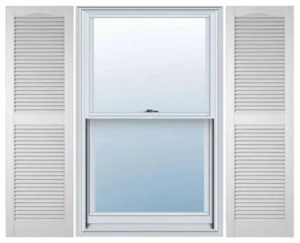 Builders Edge, Custom, Cathedral Top Center Mullion, Open Louver Shutters, White