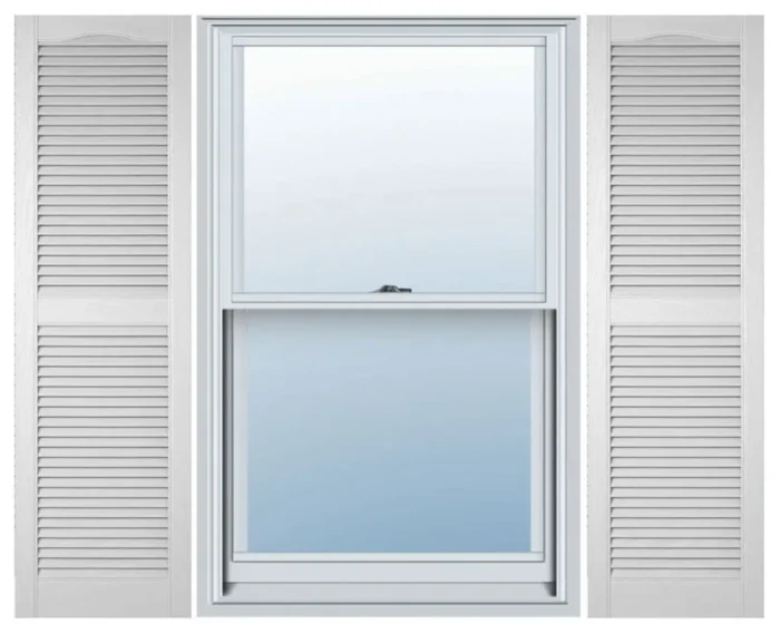 Builders Edge, Custom, Cathedral Top Center Mullion, Open Louver Shutters, White - Image 1