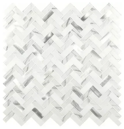 Bytle Bianco Herringbone Glass Metal and Stone Mosaic, 15 Sheets
