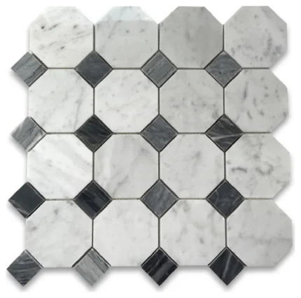 Carrara Marble 3" Octagon Mosaic Vintage Tile Polished White Grey, 1 sheet