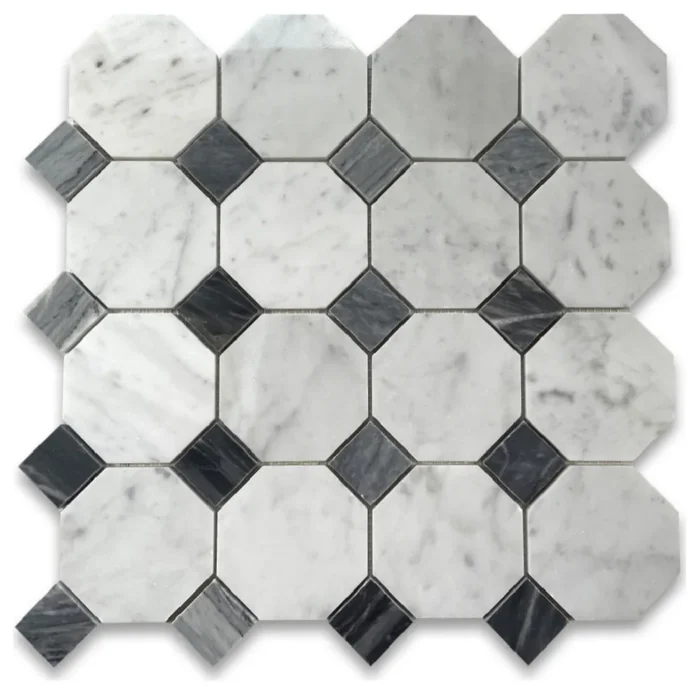 Carrara Marble 3" Octagon Mosaic Vintage Tile Polished White Grey, 1 sheet - Image 1