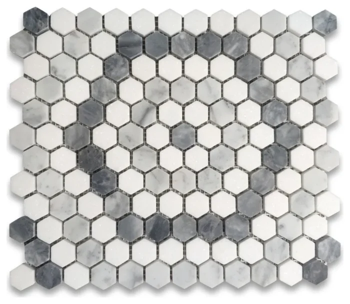 Carrara Thassos Bardiglio Marble 1" Hexagon Riverside Drive Tile Honed, 1 sheet - Image 1