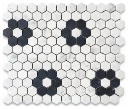 Carrara White 1" Hexagon Black Marble Rosette Flower Mosaic Tile Honed, 1 sheet
