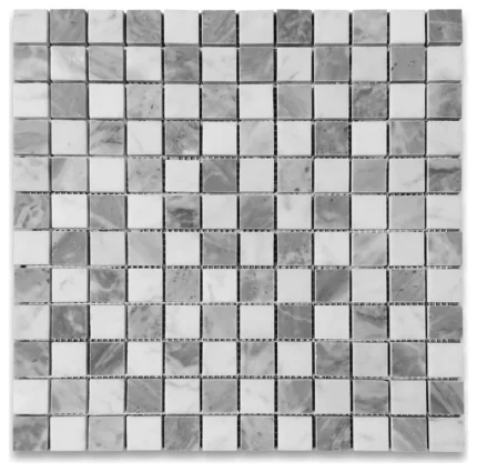 Carrara White Bardiglio Gray Marble 1x1 Checkerboard Mosaic Tile Honed, 1 sheet
