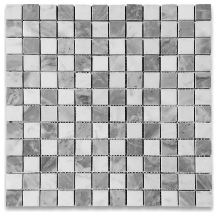 Carrara White Bardiglio Gray Marble 1x1 Checkerboard Mosaic Tile Honed, 1 sheet - Image 1
