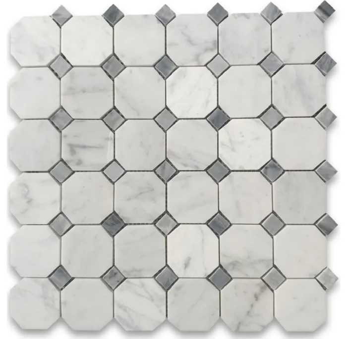 Carrara White Bardiglio Gray Marble 2" Octagon Mosaic Tile Honed, 1 sheet - Image 1