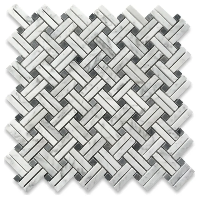 Carrara White Diagonal Basket Weave Gray dots Marble Mosaic Polished, 1 sheet - Image 1