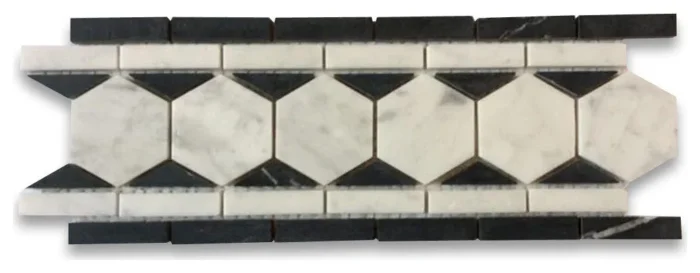 Carrara White Marble 2 Hexagon Listello Mosaic Border Tile Black Honed, 1 sheet - Image 1