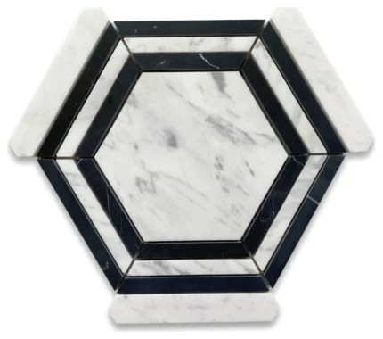 Carrara White Marble Hexagon Nero Strip Geometric Mosaic Tile Honed, 1 sheet