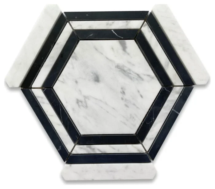 Carrara White Marble Hexagon Nero Strip Geometric Mosaic Tile Honed, 1 sheet - Image 1