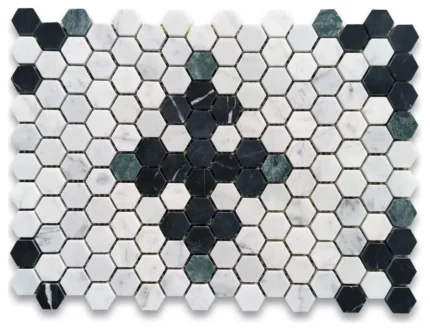 Carrara White Marble Hexagon Starlight Mosaic Tile Black Green Honed, 1 sheet