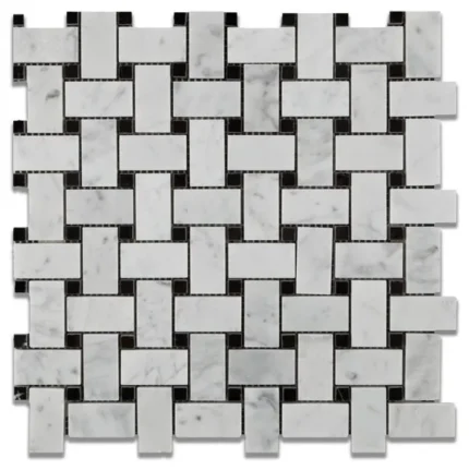 Carrara White Marble Honed Basketweave Mosaic Tile w/ Black Dots