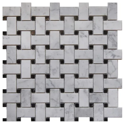 Carrara White Marble Mosaic Tile, Basketweave With Black Dot, Honed, Sample