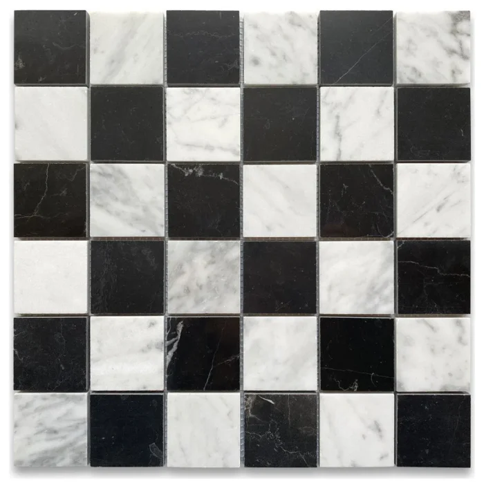 Carrara White Nero Marble Checkerboard Chess Mosaic Tile Polished, 1 sheet - Image 1