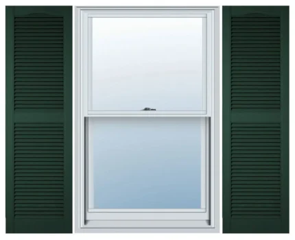 Cathedral Top Center Mullion, Open Louver Shutters, Midnight Green, 12"W x 25"H
