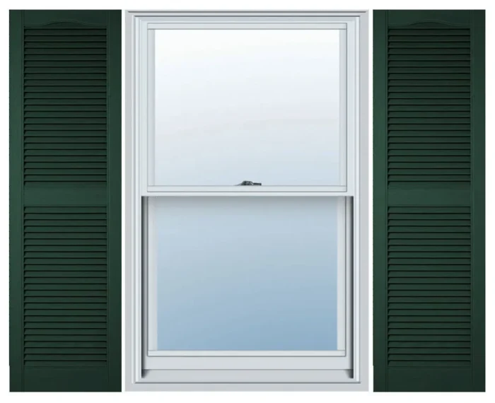 Cathedral Top Center Mullion, Open Louver Shutters, Midnight Green, 12"W x 25"H - Image 1