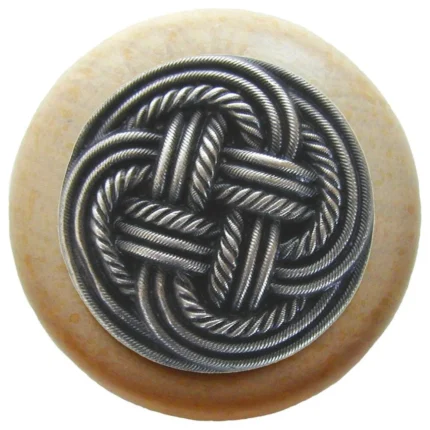 Classic Weave Natural Wood Knob, Clear Finish With Antique-Style Pewter