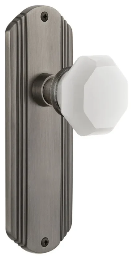 Deco Plate Privacy Waldorf White Milk Glass Knob, Antique Pewter